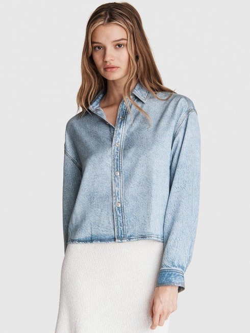 Rag & Bone Charlie Liquid Crop Button-Up Denim Luna Blue Cotton Shirt Euc Sz Xs